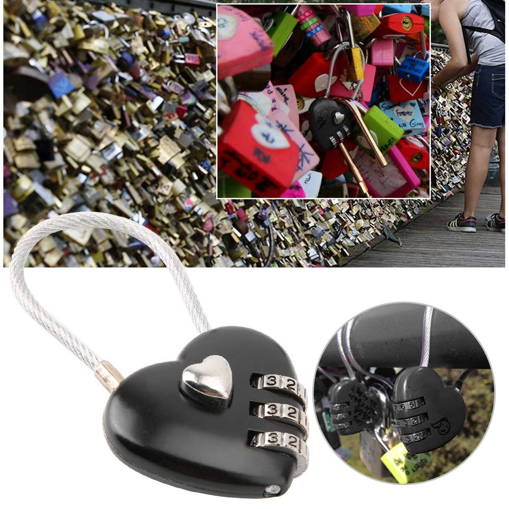Hangslot in hartvorm met 3 cijfers, combinatie, bagage, wachtwoord, veiligheid, hangslot voor koffer, rugzak, sieradenkistje, kleedcabine, zwart, combinatieslot
