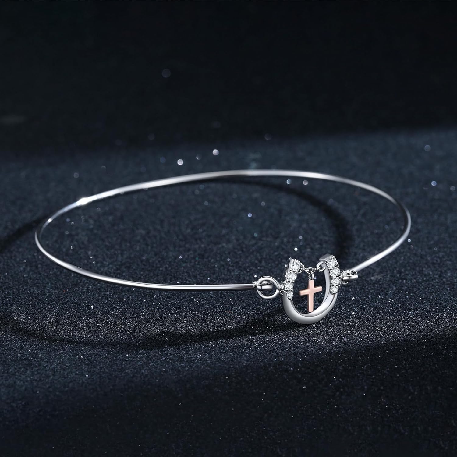 MEDWISE Lucky Horseshoe Ankle Bracelet for Women 925 Sterling Silver Rose Gold-Plated Faith Cross Anklet Horseshoe Jewelry Gifts for Women Wife Ladies Mom Horse Lover Gifts