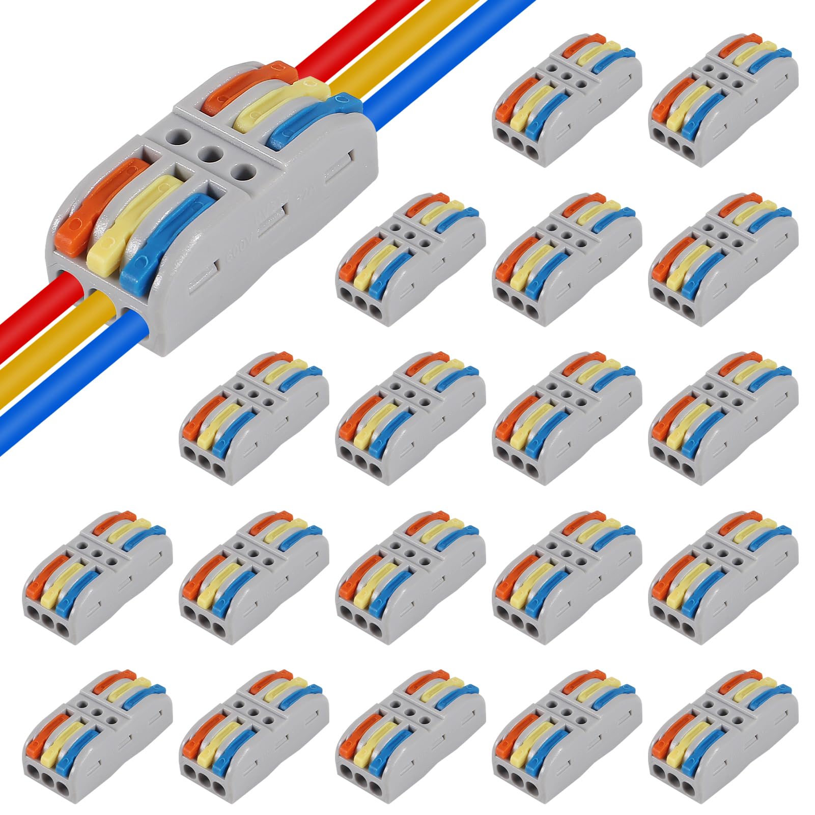 20PCS Wire Connectors, Compact Lever Wire Nuts Connectors Wire Terminals 3 Into 3 Out Splicing Wire Connector, Color Valve in-Line Connector for Quick Connect 28-12 AWG SPL-3