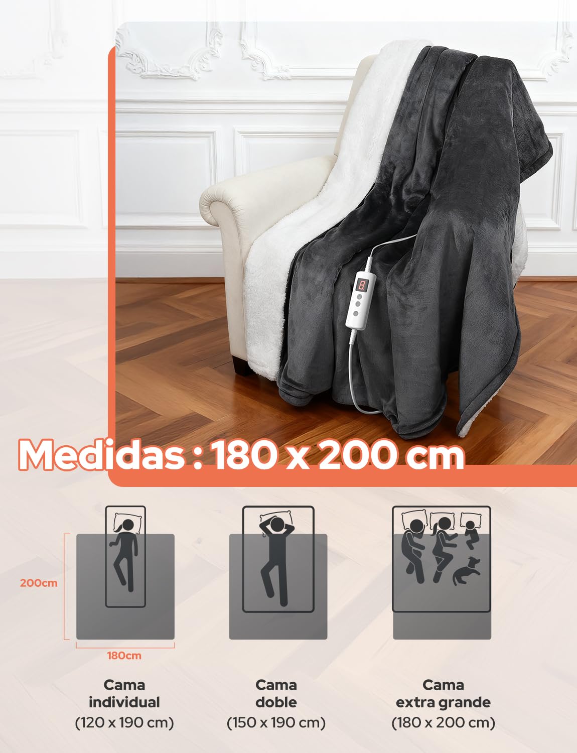 Manta Eléctrica 200x180cm Manta Calefactable 10 Temperaturas 9 Horas Configuraciones de Temporizador Calentamiento Rápido Lavable a Máquina Apagado Automático para Hogar Oficina Gris Oscuro