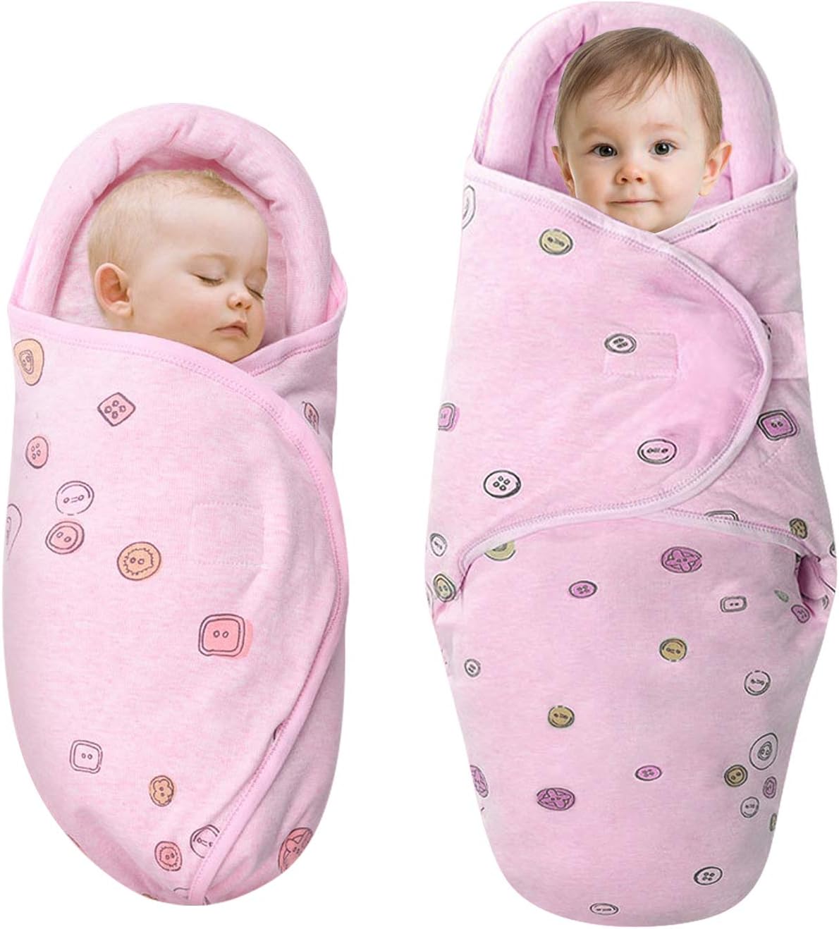 Premium Soft Cotton Baby Swaddle Blankets, Baby Blanket Wrap for Newborn Baby Boys Girls, Skin Friendly Wearable Swaddling Sleep Sack Calms Startle Reflex (Button, Peachpink, 0-3 Months + 3-6 Months)