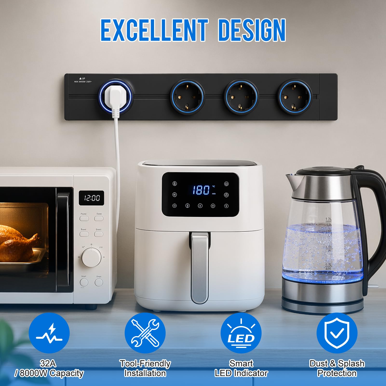 Binario Elettrico Modulare a Parete, Multipresa con 4 Prese Schuko e 2 Porte USB,Estensibile 47-67 cm, Protezione da Sovratensioni 1800J, Installazione Senza Foratura per Soggiorno, Cucina, Ufficio