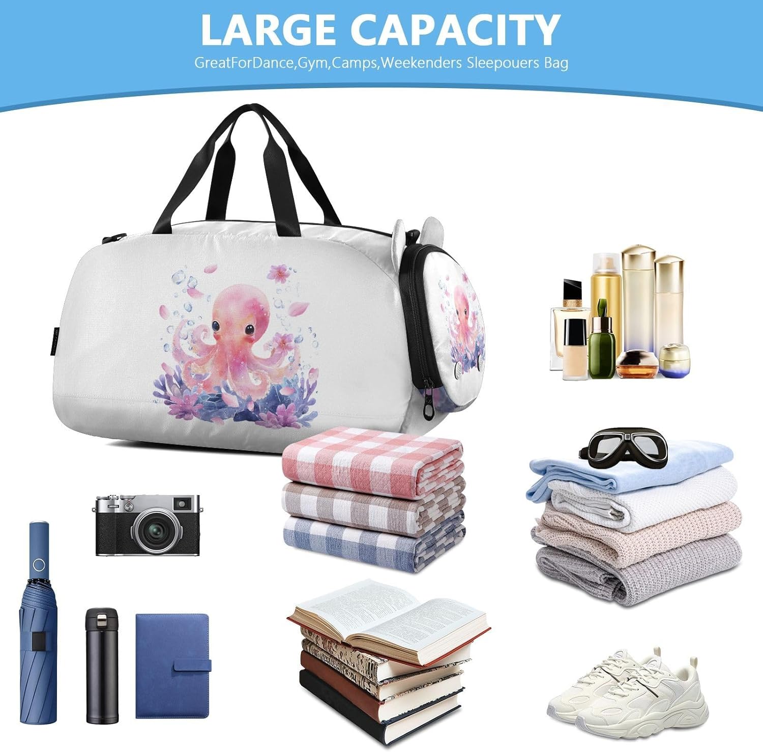 Sea Animal Flowers Pink Kids Travel Duffel Bag for Boys Girls Overnight Weekend Tote Bag with Shoes Compartment for Sleepover Trip Beach