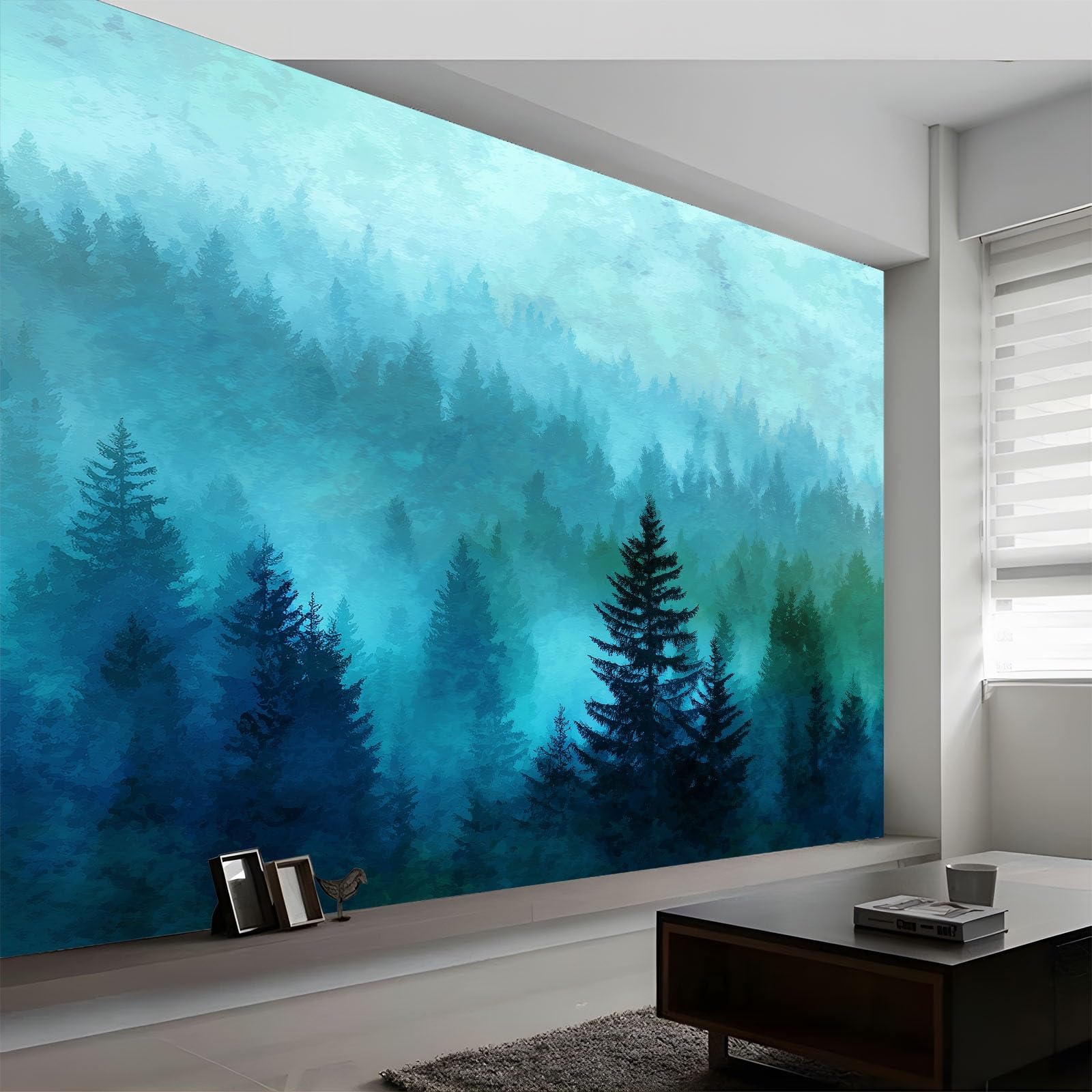 Generisch Tapeta panoramiczna, spokojna, abstrakcyjny las, petrol, tapeta z włókniny, tapeta ścienna do biura, korytarza, sypialni, salonu, dekoracja ścienna – 350 x 256 cm (szer. x wys.)