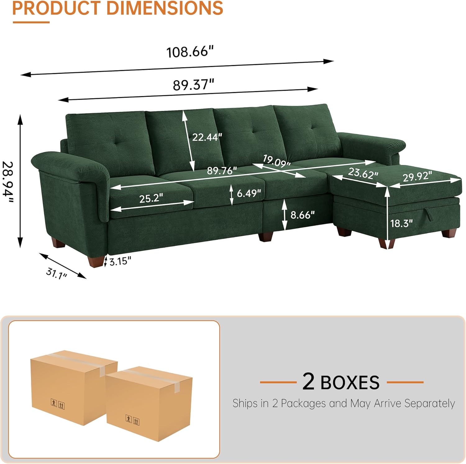 108" Sectional Sofa, Convertible L Shaped Sofa with Ottoman and Large Storage, 4 Seat Sectional Couch with Cup Holder, Couches for Living Room, Apartment, Office (Green)