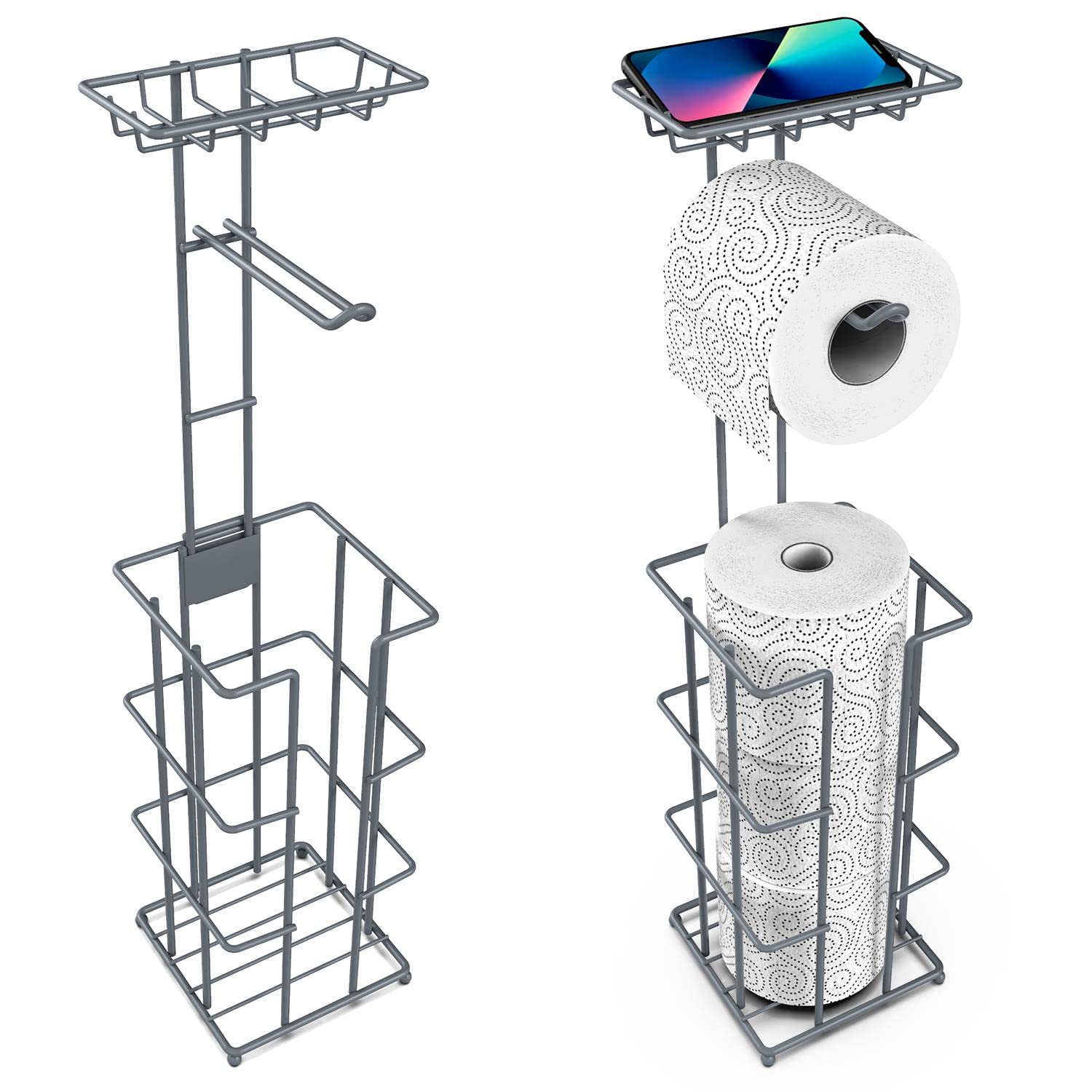 Metal Toilet Paper Roll Holder & Multifunctional Storage Rack - Grey