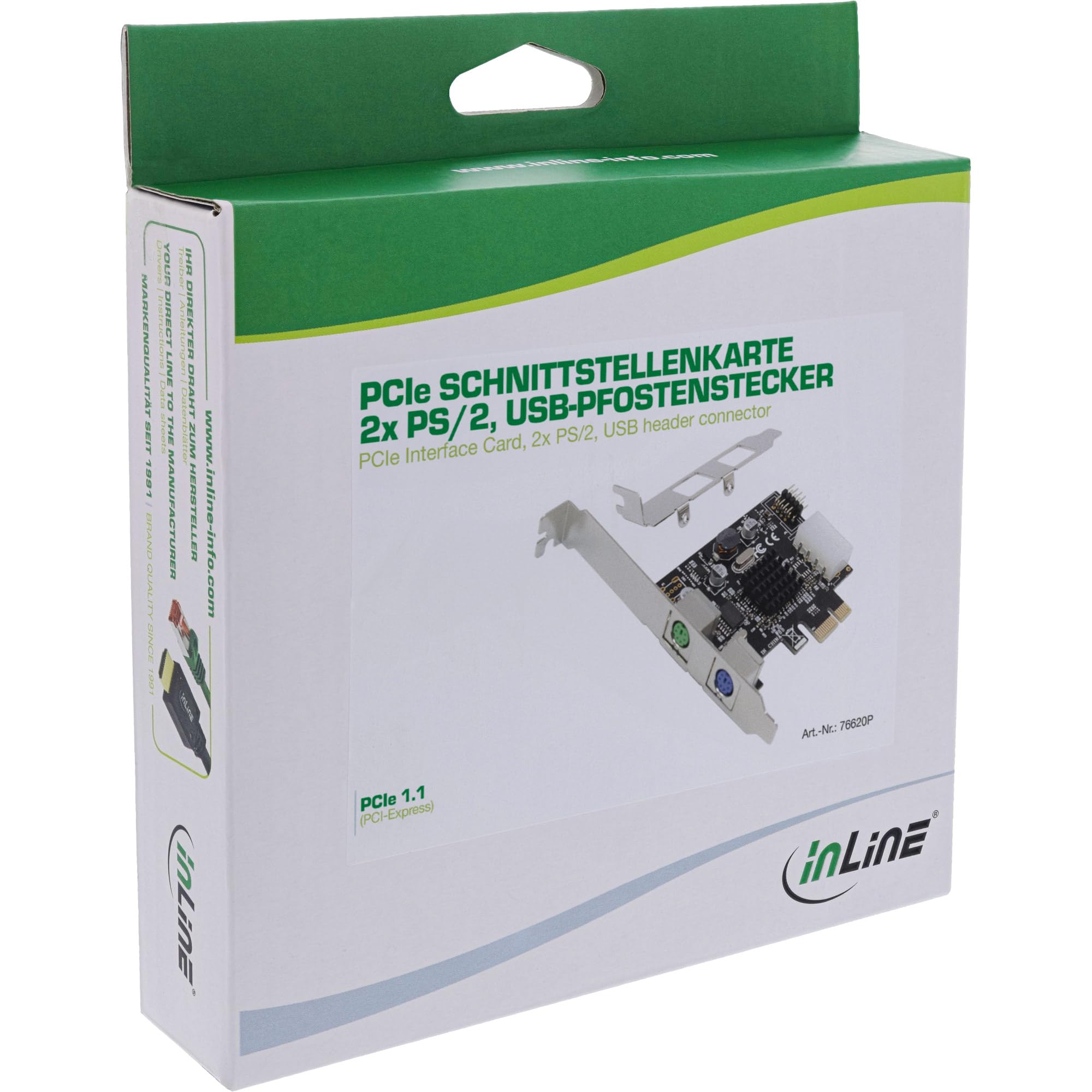 InLine MCS9990 76620P Carte d'interface PCIe, 2 x PS/2, connecteur USB 2.0 Interne, Adaptateur Clavier et Souris