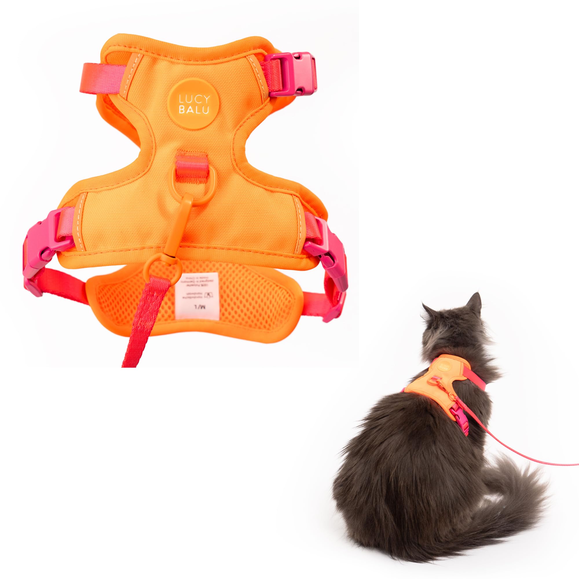LucyBalu® Explorer - Arnés para gatos con correa | Arnés para gatos con compartimento AirTag | Arnés de pecho para gatos con correa | Arnés de seguridad con correa para gatos | Berry Orange M/L
