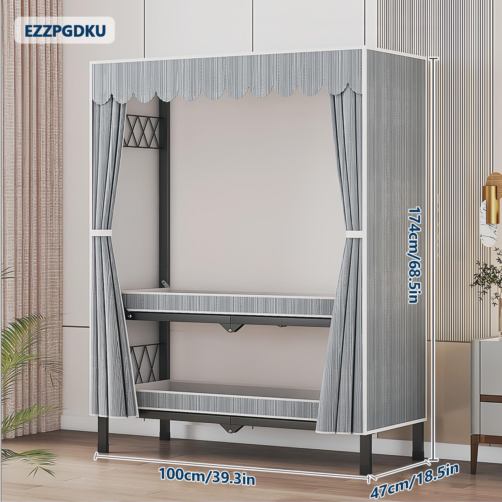 Armadio in Tessuto Richiudibile, Armadietto Spogliatoio, 2 Asta Appendiabiti per Armadio, Armadio Camera da Letto, Strisce Grigie Armadio Vestiti, Cabina Armadio Salvaspazio