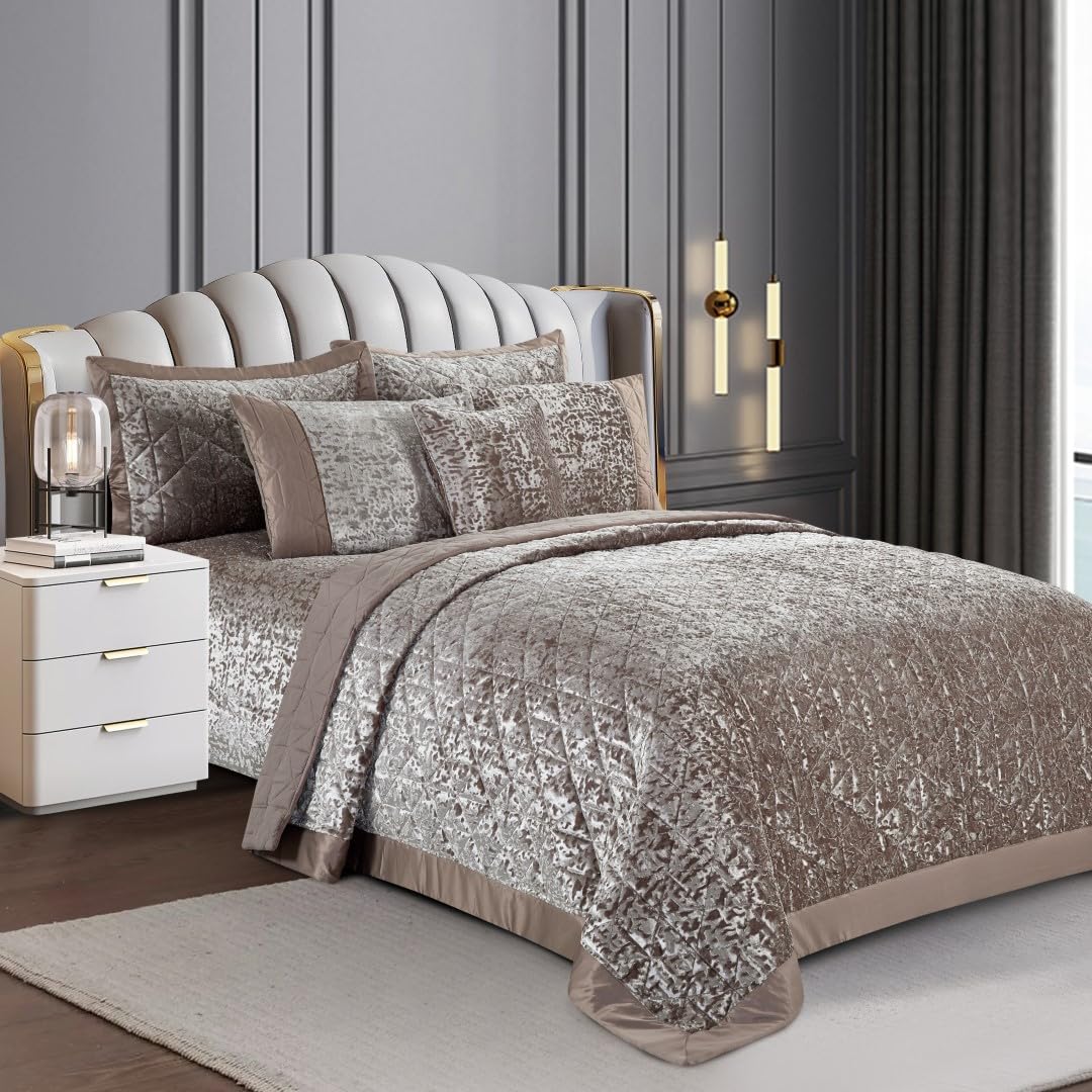 PRIME LINENS Luxury 3 Piece Quilted Plush Velvet Bedspread Bedding Set Ultra Soft Crushed Velvet Bedspread Comforter Bed Throw with 2 Pillow Cases (Mink, Double) — image 1