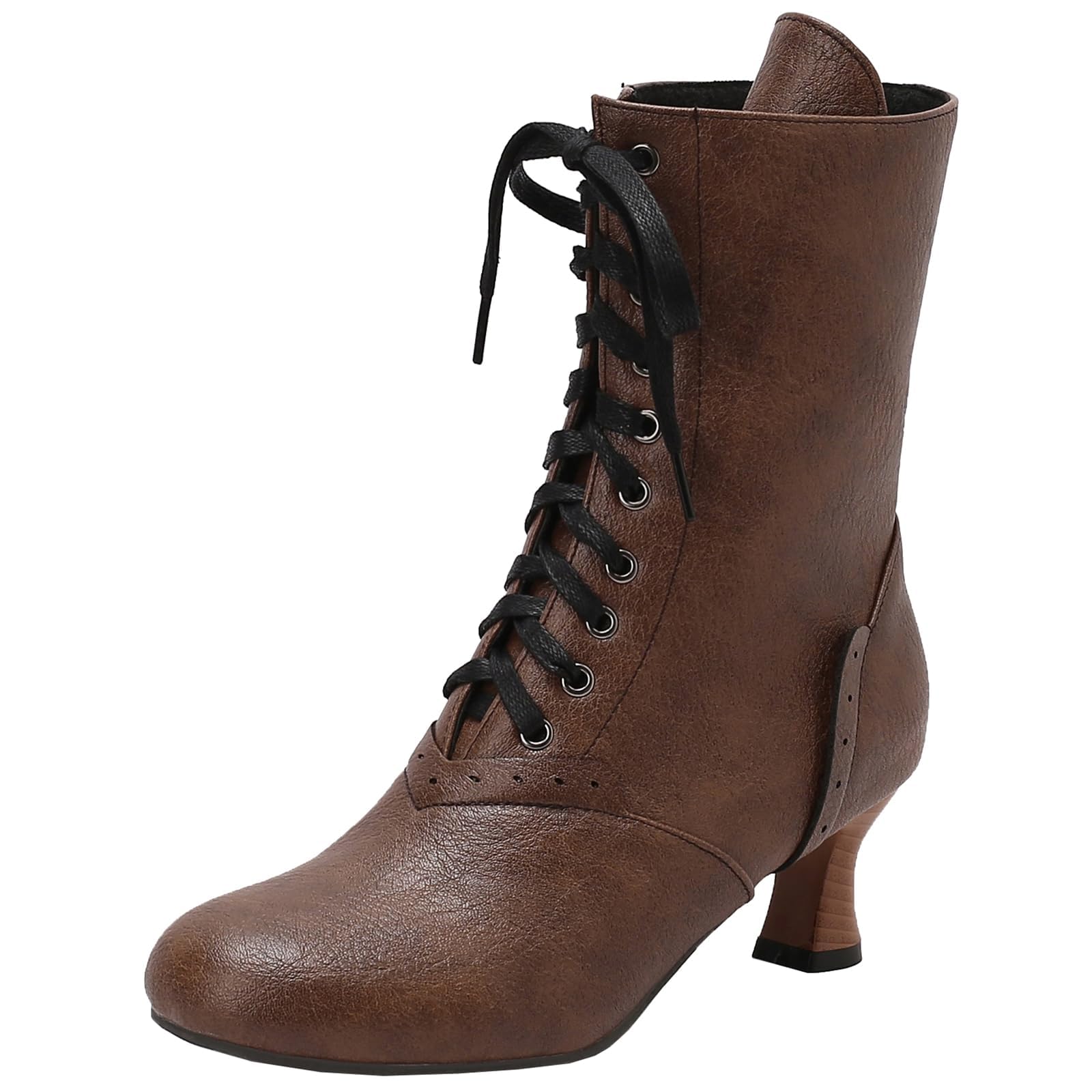 SACFOF Women Vintage Victorian Boots Mid Calf Lace up Ankle High Booties Costume Goth Booties Halloween Mid Heel