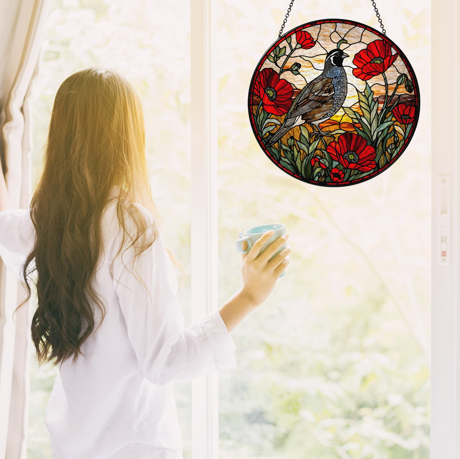 Atrapasueños de California con rama de amapolas, vitrales colgantes para ventana, atrapasueños para mujeres, hechos a mano, decoración para colgar ventanas de jardín, hogar, 7.87 pulgadas