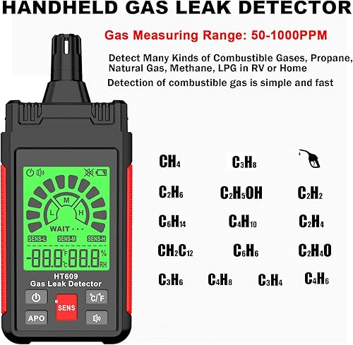 Miniatura 9 de Detector de fugas de gas, detector de gas natural portátil de mano con alarma audible y visual, sensibilidad ajustable localiza fuentes de fugas de