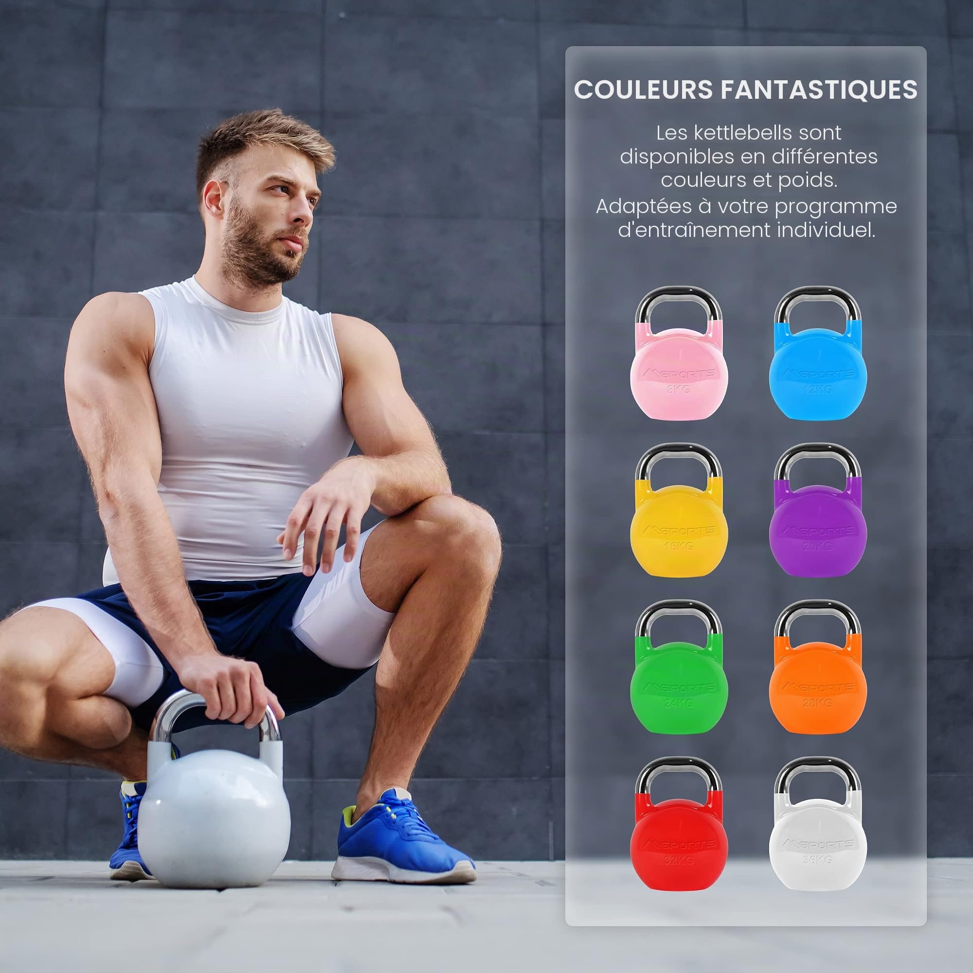 MSPORTS Kettlebell Competition Premium 4-36 kg avec poster d'exercices | Qualité studio professionnelle | Kettlebell de compétition