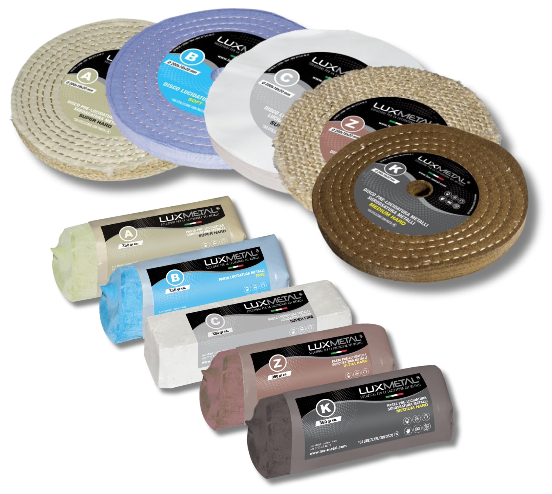 Lux Metal - Kit 5 Disco Lucidante 200 mm e 5 Pasta Abrasiva Lucidante 350 gr - Per Alluminio, Ferro, Acciaio Inox, Bronzo, Marmo - Ruota Lucidatura Metalli Mola Smerigliatrice Feltro