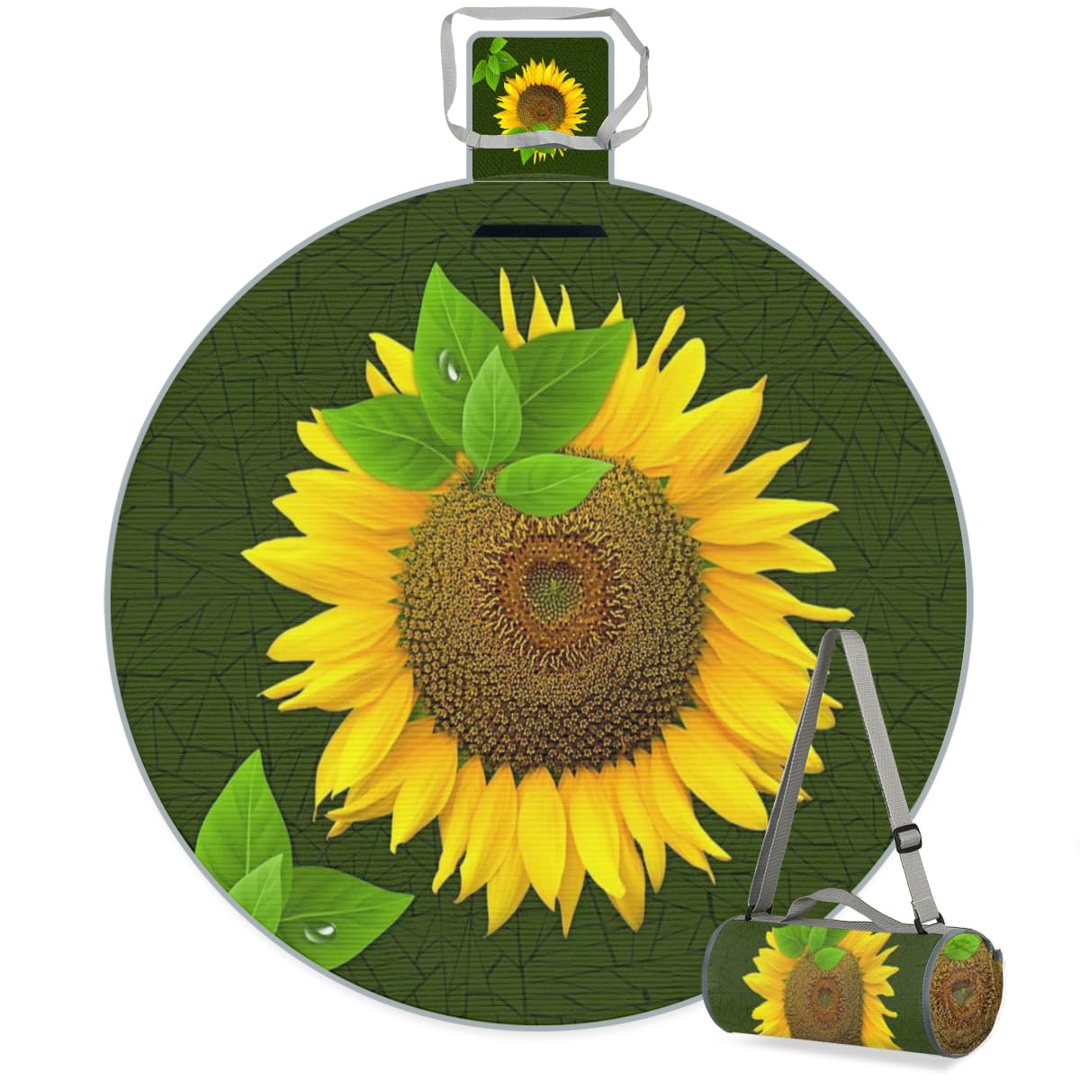 Leaf Sunflower Picnic Outdoor Blanket Foldable Waterproof Sandproof Beach Blanket Portable Water-Resistant Round Picnic Mat for Travel Camping Park Lawn