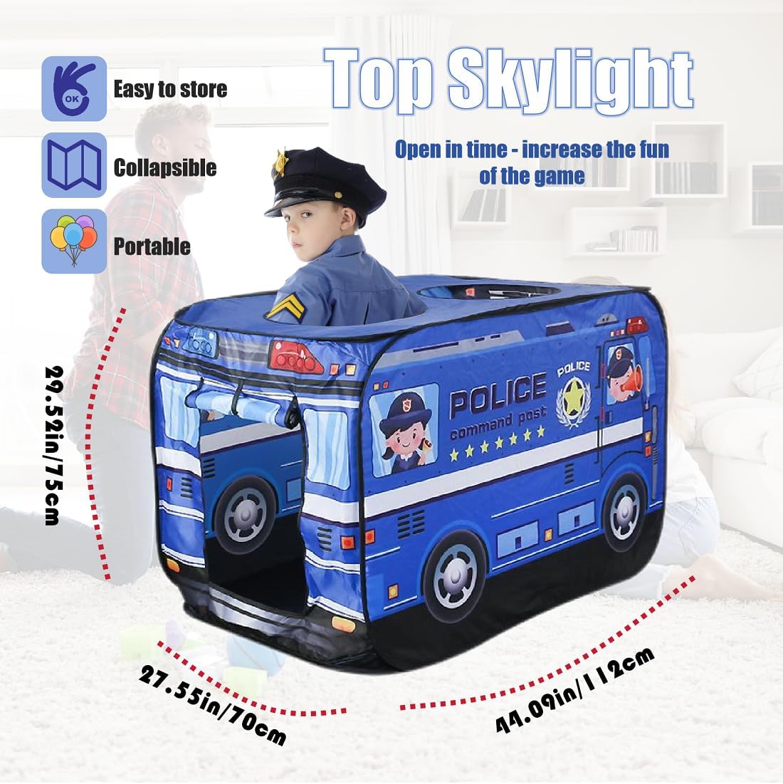 Police Car Pop Up Tent for Kids Police Toy Playhouse Foldable image 3