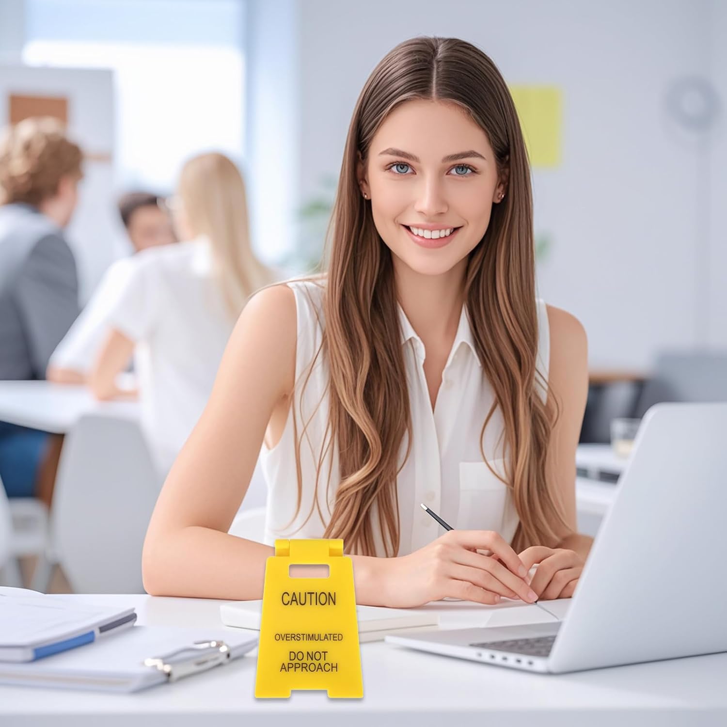 Funny Office Prank Desk Sign,caution overstimulated desk sign, Do Not Approach Warning Sign Humorous Gag Gift Mini Desk Decor for Coworkers Employees Boss Teammate Office (Yellow)