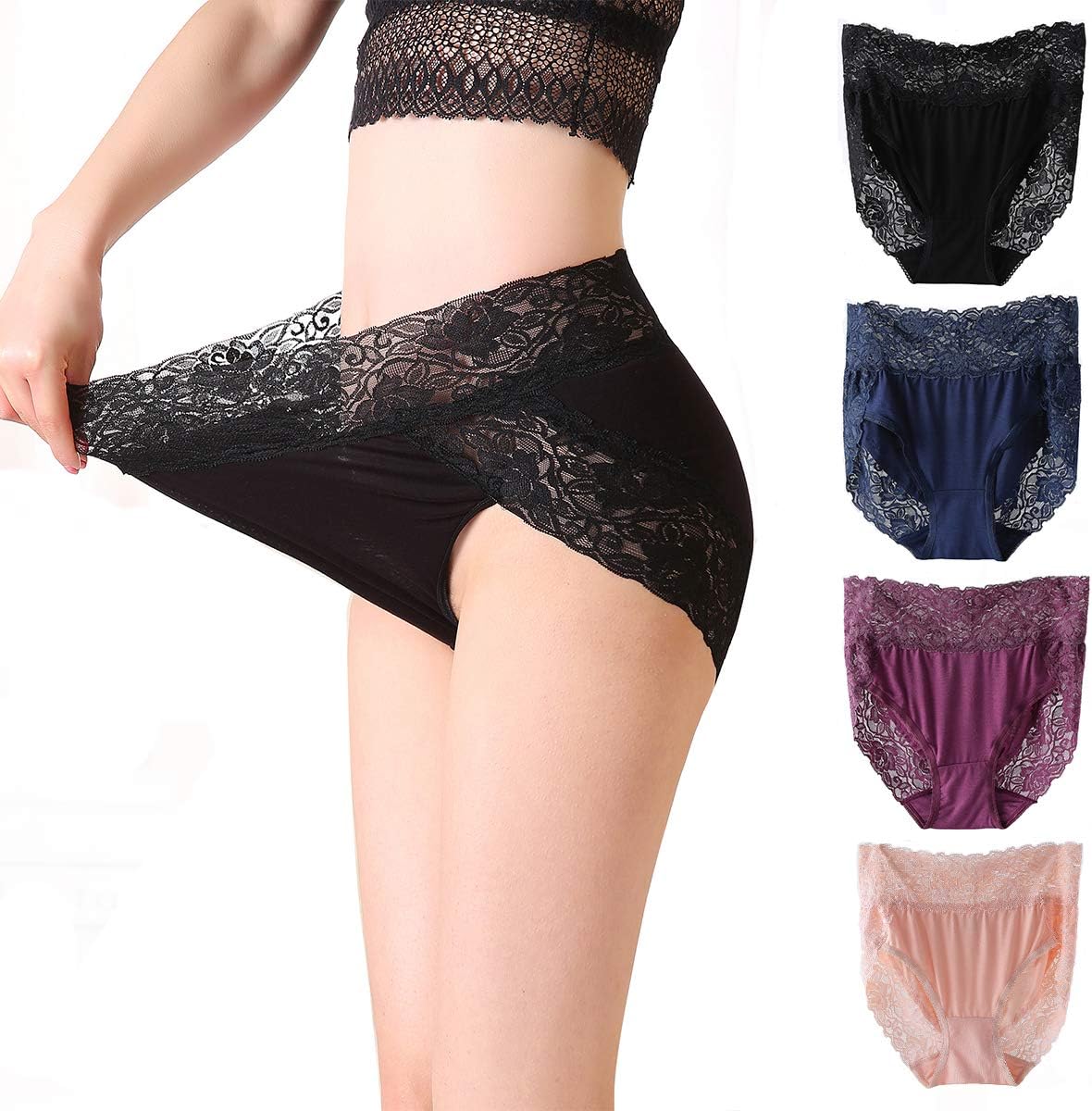 Women Lace Panties Sexy Lingerie Cotton Underwear 4 Pack Waist Briefs