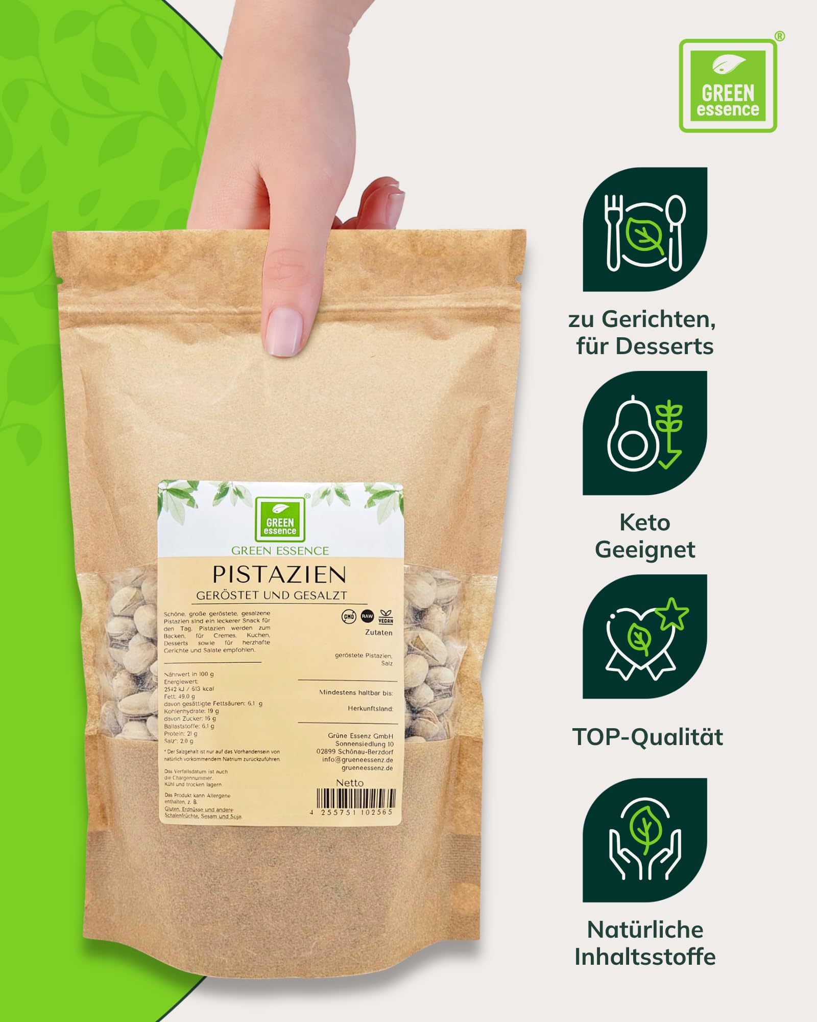 Pistazien 2,5kg geröstet gesalzen + Schale Pistazienkerne von Green Essence | Pistazien Kerne, knusprig salzig Snack, aromatische Nüsse zum Backen Kochen, Premium Qualität Pistachio mit Schalen, 5x 500g