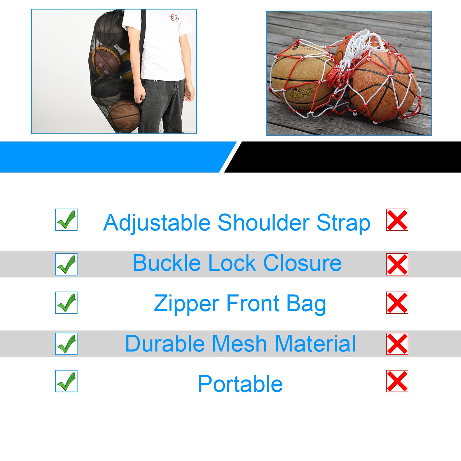 Cosmos Sport Balltasche Mesh Equipment Bag Team Sports Drawstring Bag Large Mesh Net Bag, with Adjustable Strap & Front Pocket for Basketball, Volleyball, Soccer, Rugby, Water Sports and Beach Event