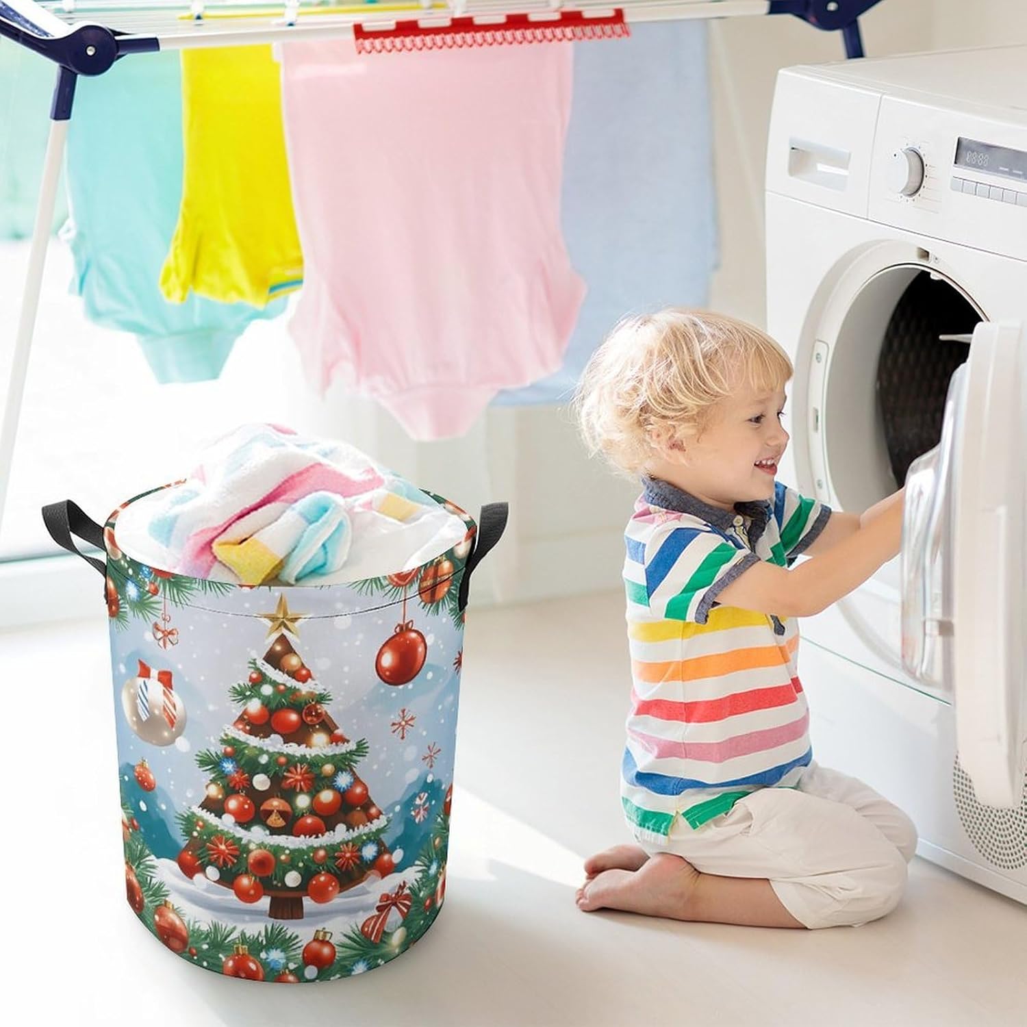 Red Christmas Tree Laundry Bag Large Collapsible Laundry Baskets Freestanding Waterproof Clothes Hamper with Handles & Drawstring for Laundry Room Bedroom Bathroom