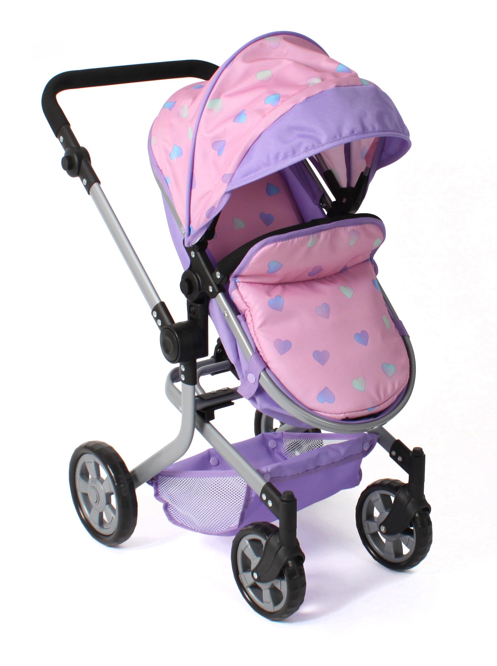 Bayer Chic 2000® Mika wózek dla lalek 2 w 1, fioletowe serduszka, składany, uchwyt z regulacją wysokości 47-80 cm, nowoczesny stelaż, lalki do 52 cm, 4-8 J.
