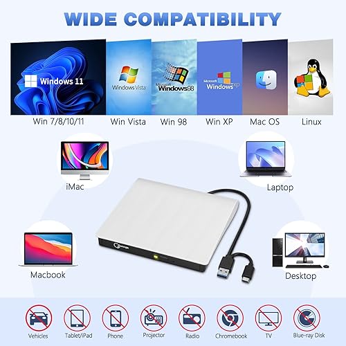 Miniatura 10 de Gotega Unidad de DVD externa, USB 3.0 portátil +/-RW, reproductor de DVD para grabadora de CD ROM compatible con computadora portátil de escritorio