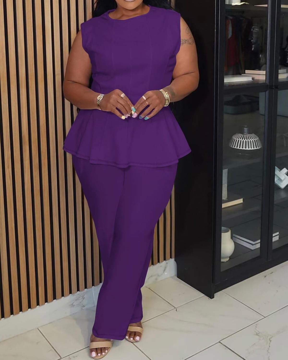 Womens Plus Size 2 Piece Outfits Pants Sets Summer Sleeveless Peplum Tank Tops Wide Leg Pant Suits Matching Sets
