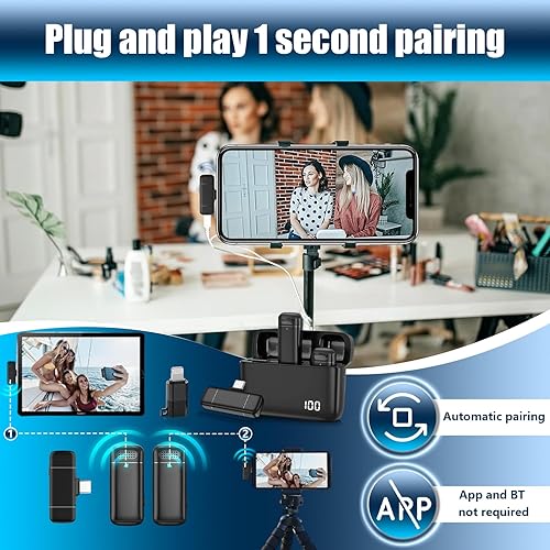 Miniatura 4 de YIMOCHI Micrófono Lavalier inalámbrico profesional para transmisión en vivo, entrevistas, grabación de vlogs, con estuche de carga y adaptador