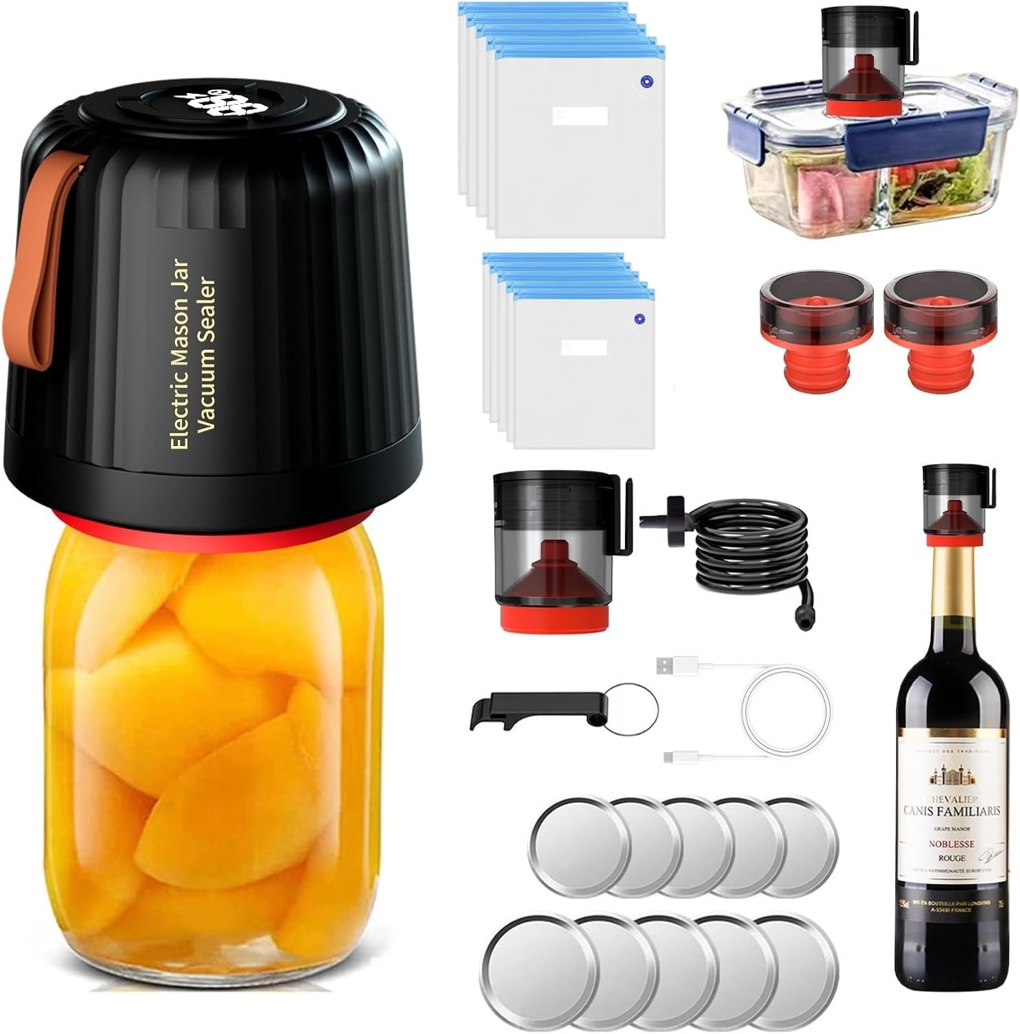 Prettyia Electric Mason Jar Vacuum Sealer Kit For Wide Mouth And Regular Mouth Jars, Portable Jar Vacuum Sealer, Canning Machine Food Storage, Including wine bottle stopper Opener, Charger black