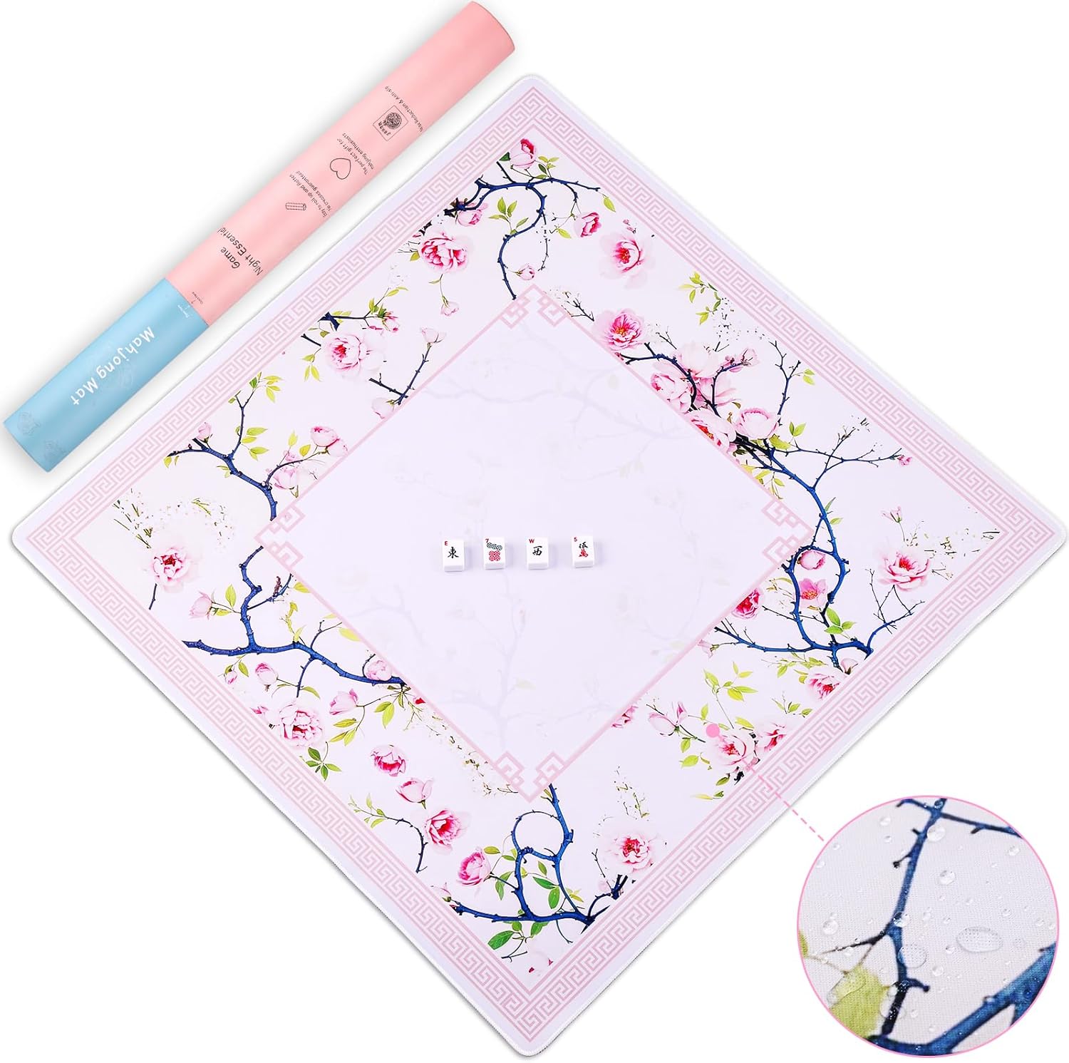 Mahjong Mat & Mah Jongg Mat for Table - Waterproof & Silent, 3mm Thick Non-Slip Game Pad with Unique Designs, Carry Bag & Gift Tube - Premium Mahjongg Accessories for Mother's Day（31.5" x 31.5",Pink)