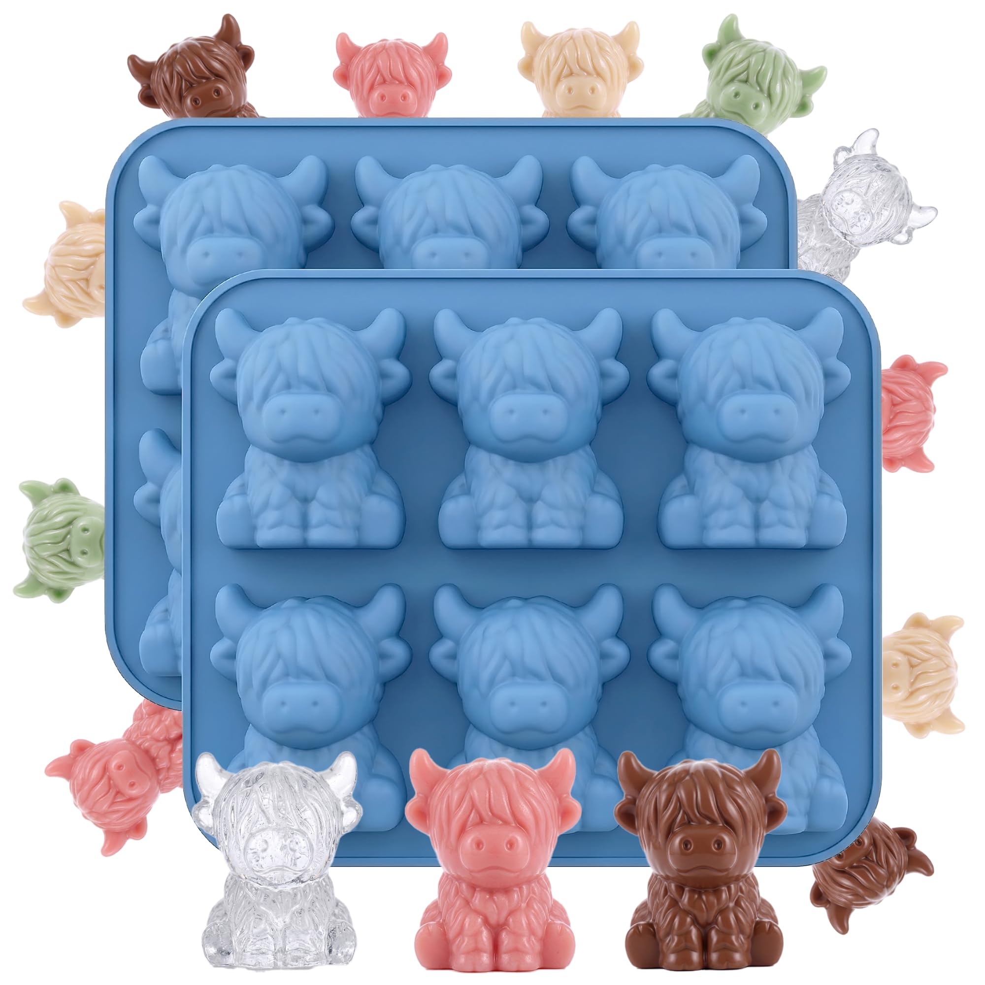 Bxjwhzj Highland Cow Ice Cube Trays 2 Pack, Blue Silicone Moulds for Whisky & Cocktails, 3D Large Animal Jelly Maker,Cute Chocolate Mold&Jelly Mould,Reusable Baking Gadget