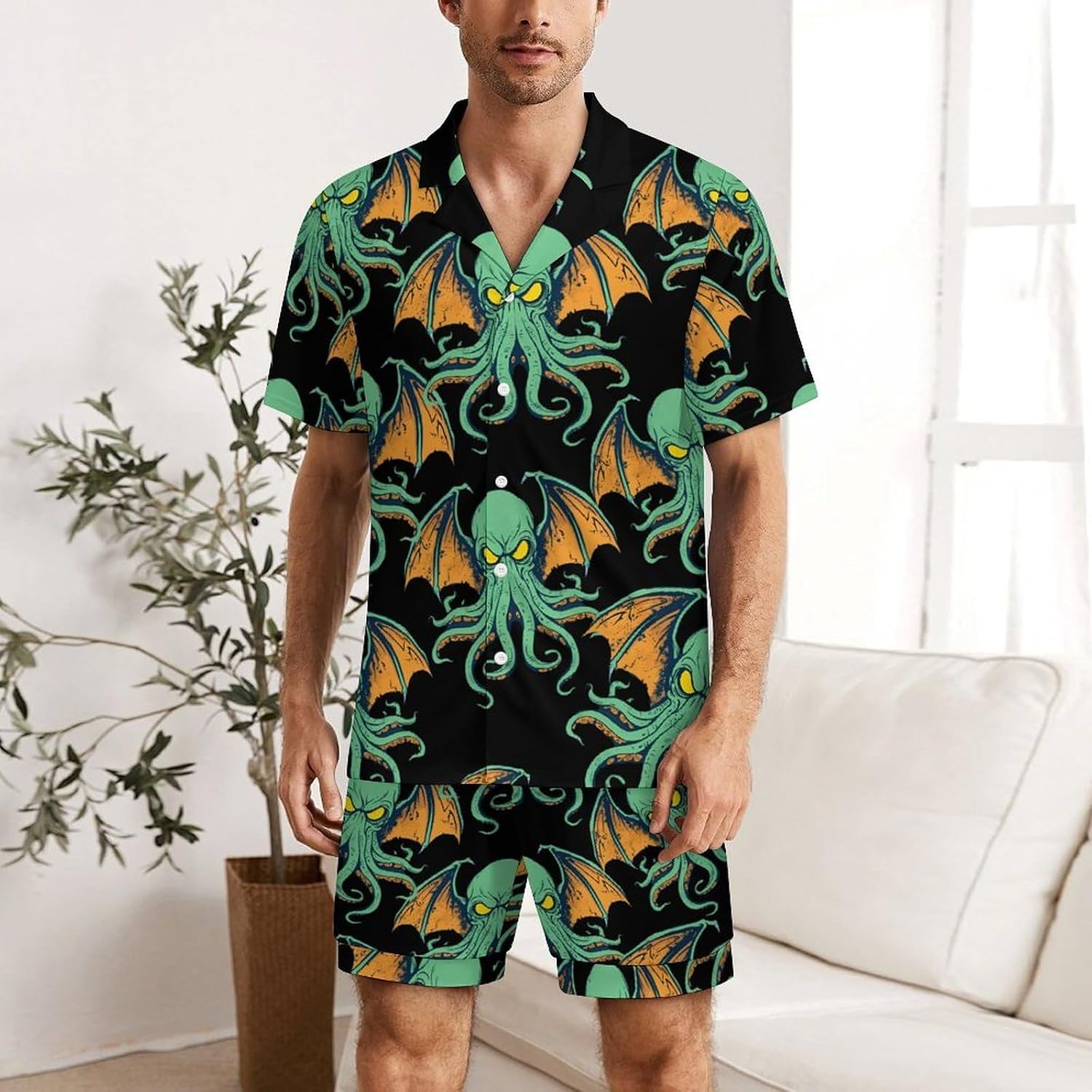Octopus FunnyCthulhu Men's Short Sleeve Pajama Set Satin Silk Like Lounge Sleepwear