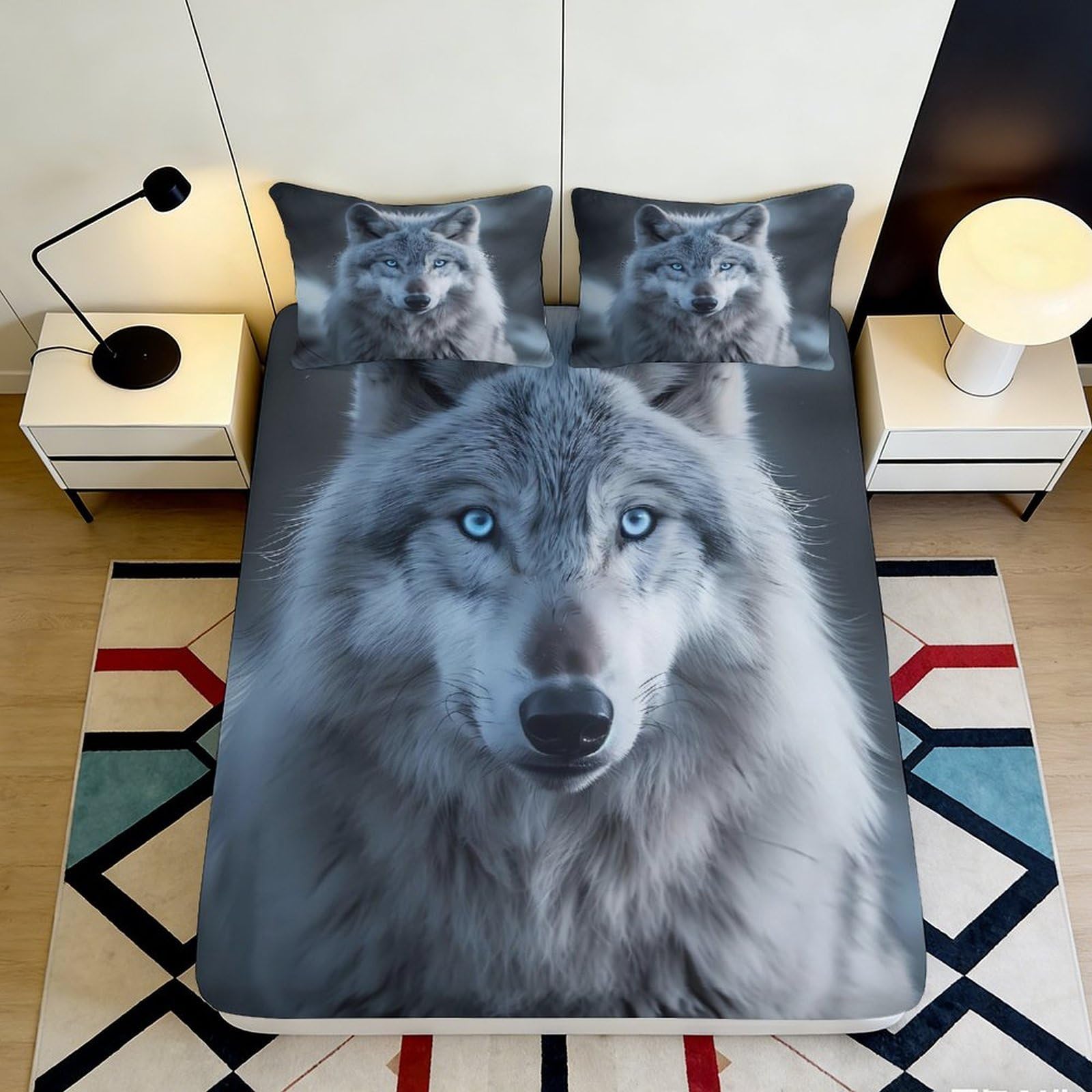 3D Printed Wolf Forest Fitted Sheet Microfiber Grey Animal Pattern Mattress Cover for Bedroom Dorm Protective Decor 180x200x25cm