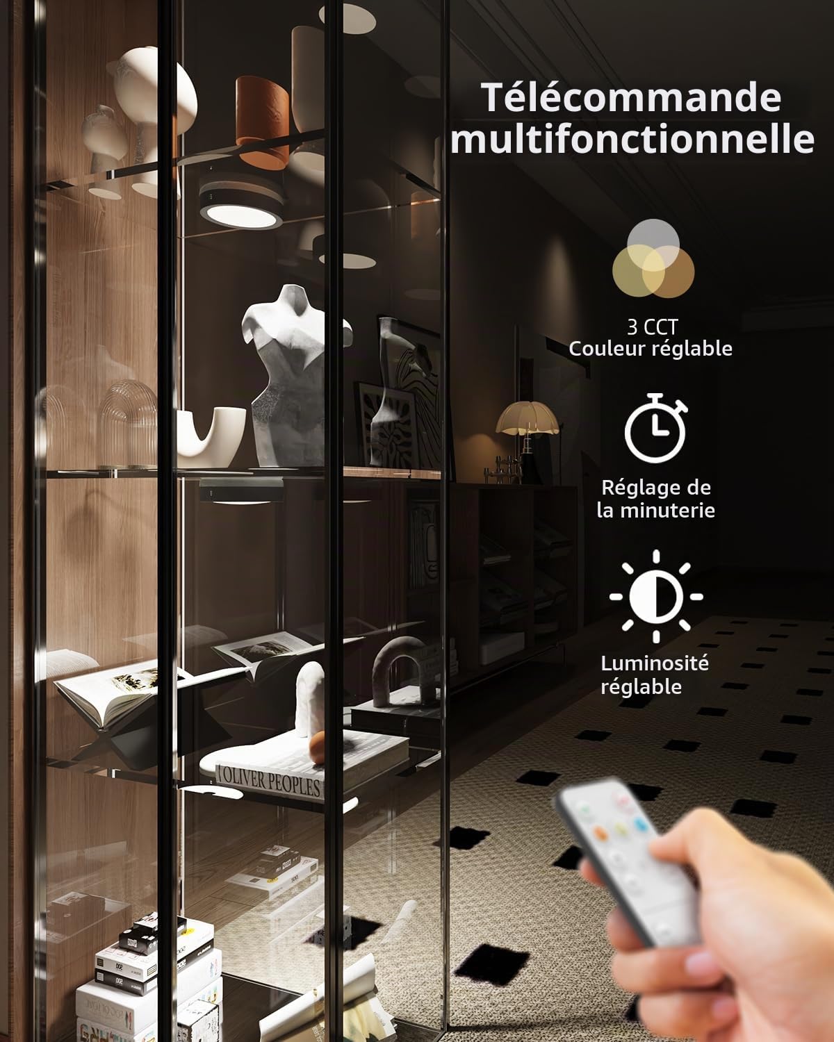 Spot LED Rechargeable USB avec Télécommande, Batterie de 1600mAh Eclairage Vitrine LED Sans Fil Lampe Placard a Pile Lumiere Cuisine Sous Meuble Autocollant Veilleuse Tactile pour Armoire Dressing