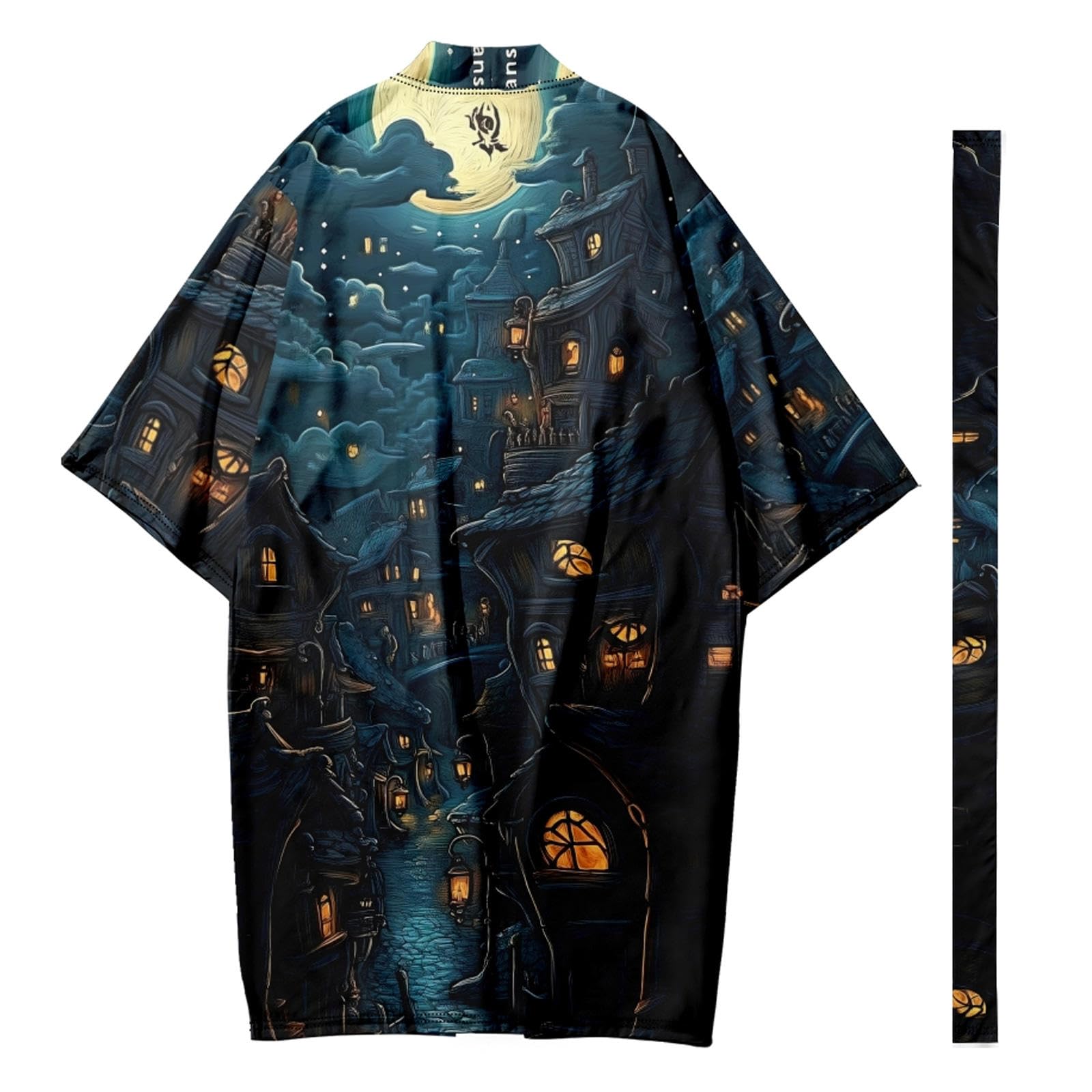 Cardigan Kimono Japonais Homme veste haori imprimée longue légère bleue taille 5XL avec ceinture