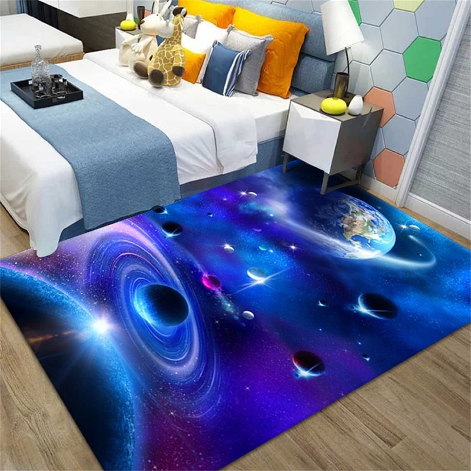 Tapis lavable bleu 120x200 anti-tache pour salon dynamique et enfants