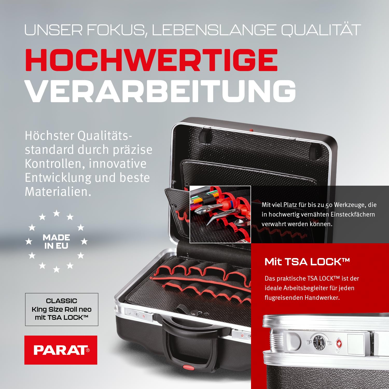 Parat Classic Kingsize Roll neo TSA Lock™ - Maletín de herramientas con ruedas para 50 compartimentos, incluye funda enrollable básica 8, 36 l, con bandeja inferior, con marco doble y ruedas