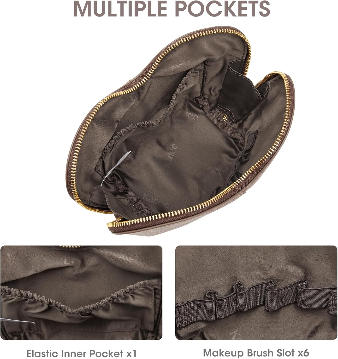 Kattee Leather Makeup Bag, Travel Large capacity Comestic Bag for Women, Heart Shaped Portable Organizer Toiletry Bag for Working,Khaki - Image 4