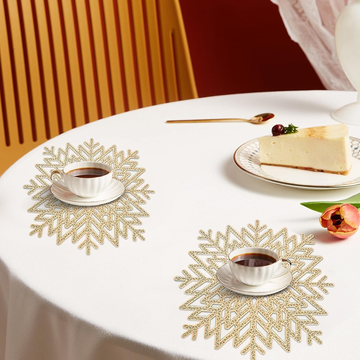 Snowflake Placemats Sets of 12,Gold Hallow-Out Heat-Resistant Table Mats for Christmas,Thanksgiving,Weeding and Party Table Decoration (16x16inch)