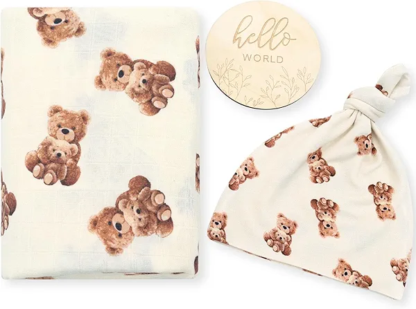LifeTree Muslin Swaddle Blankets, Muslin Baby Swaddle Blanket and Hat Set with Birth Announcement Card, Newborn Unisex Receiving Blankets Bear Pattern