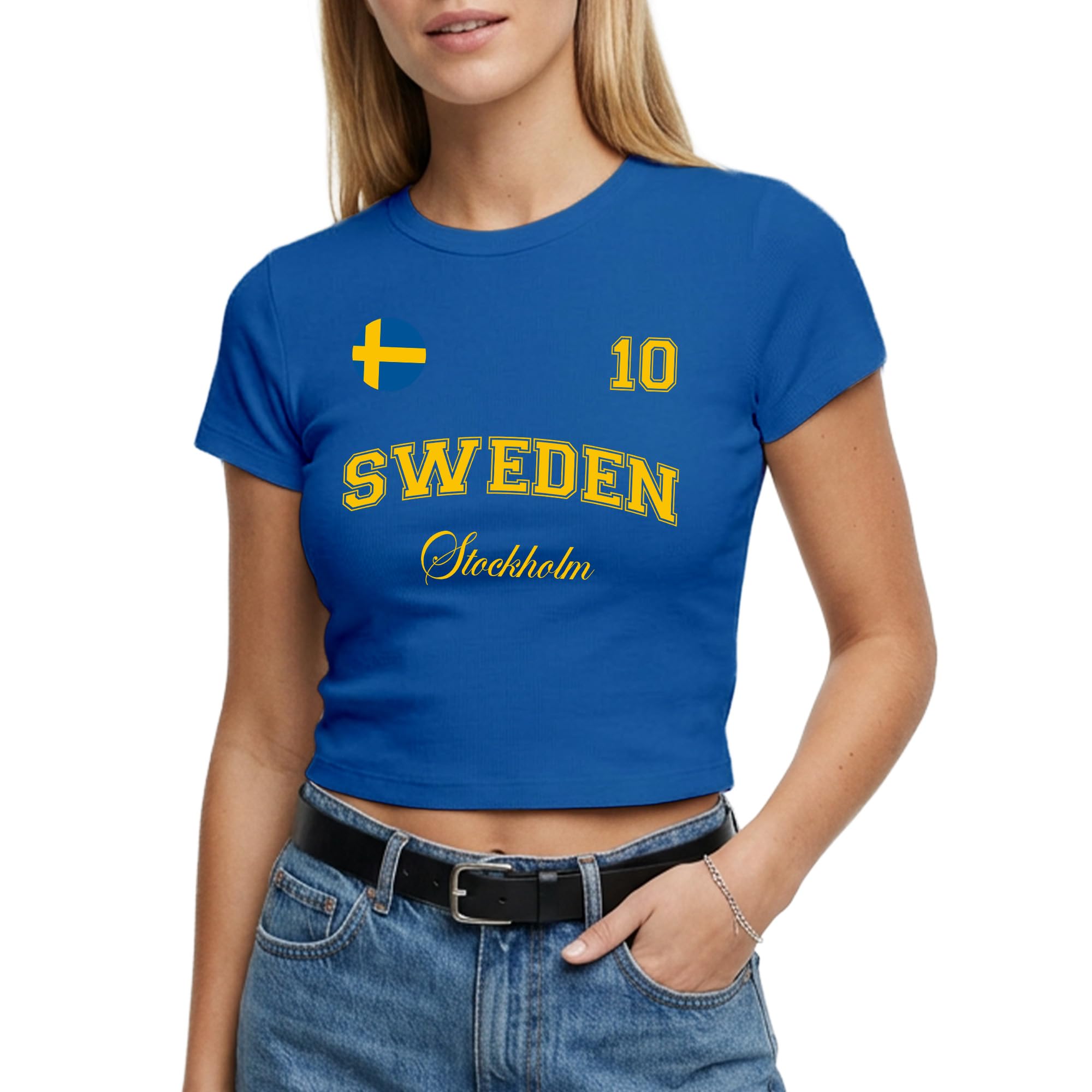 Sweden Womens Baby Tee - Custom City Name Number Badge Short Top Tshirt Ladies Swedish Supporter Fan Top, XS, Royal