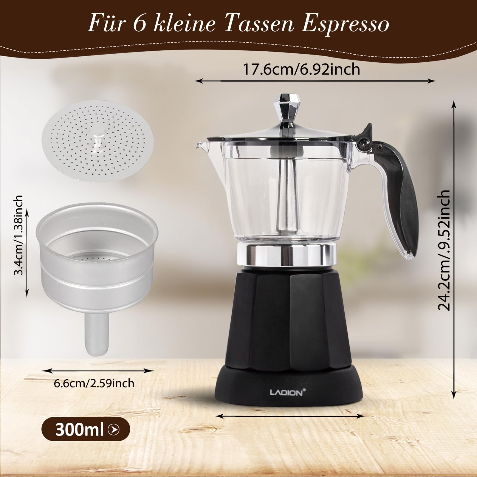 LAOION Espressokocher Elektrisch, 6 oder 3 Tassen Elektrisch Tragbarer Mokka Kocher, 300ml Italienische Esspresso Kaffeemaschine Klein mit Abnehmbarer Basis und Überhitzungsschutz,Schwarz Coffee Maker