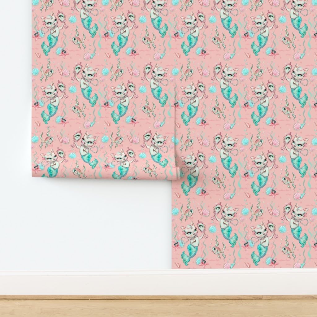Removable Wallpaper 3ft x 2ft - Merkittens Small Vintage Retro Peach Mermaids Cats Kittens Custom Pre-Pasted Wallpaper by Spoonflower