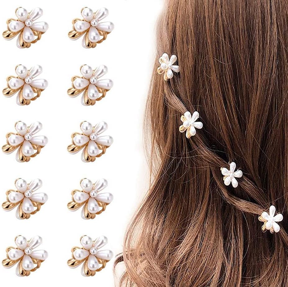 Korean Style Small Pearl Mini Hair Claw Clips with Flower Design, Sweet Artificial Decorative Hair Accessories for Women's Girls Pack of 10 Pcs
