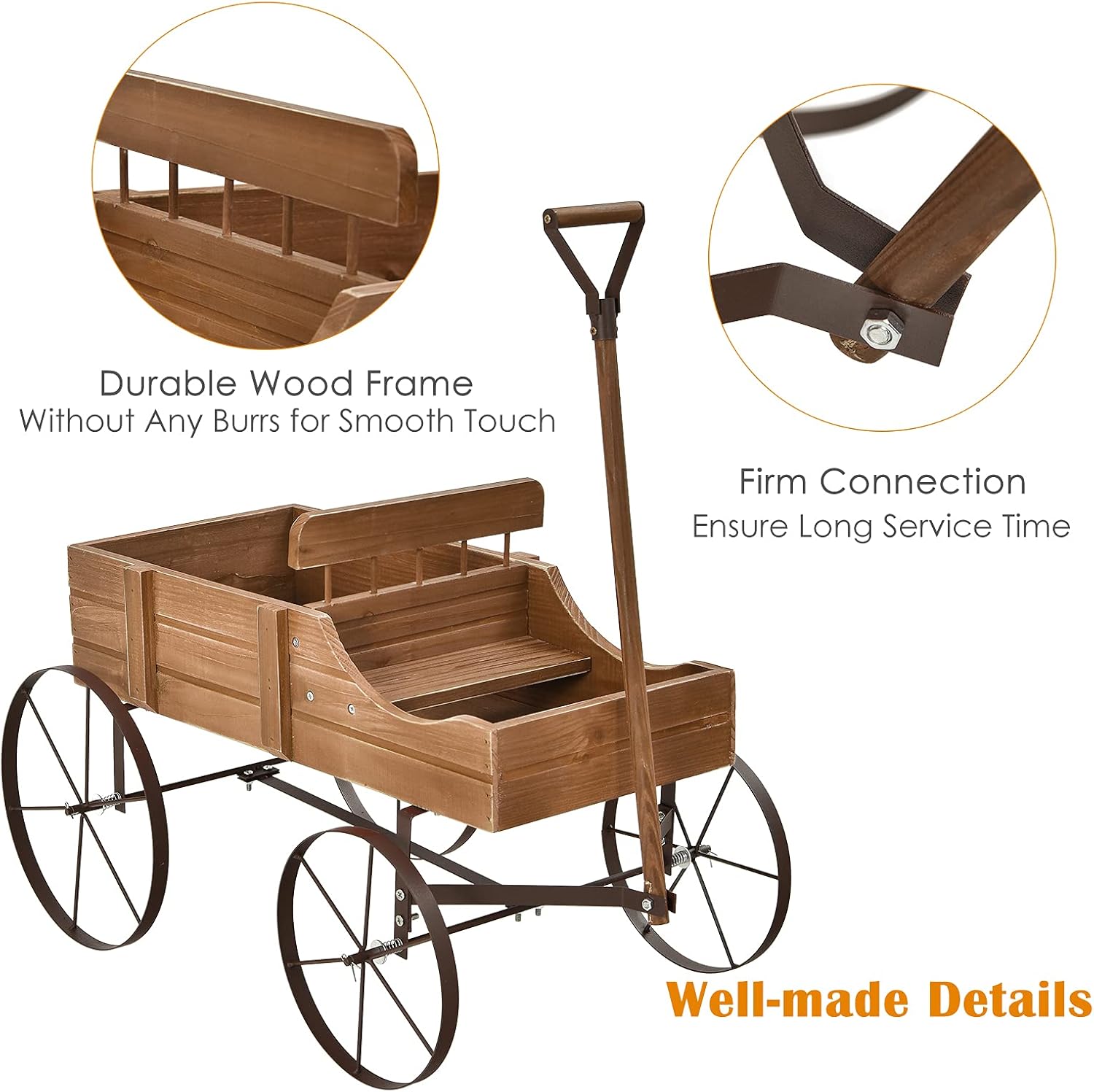 Goplus Wagon Planter, Decorative Wooden Garden Planter with Wheels, 2 Planting Sections and Adjustable Handle, Indoor Outdoor Backyard Balcony Decor (Brown)