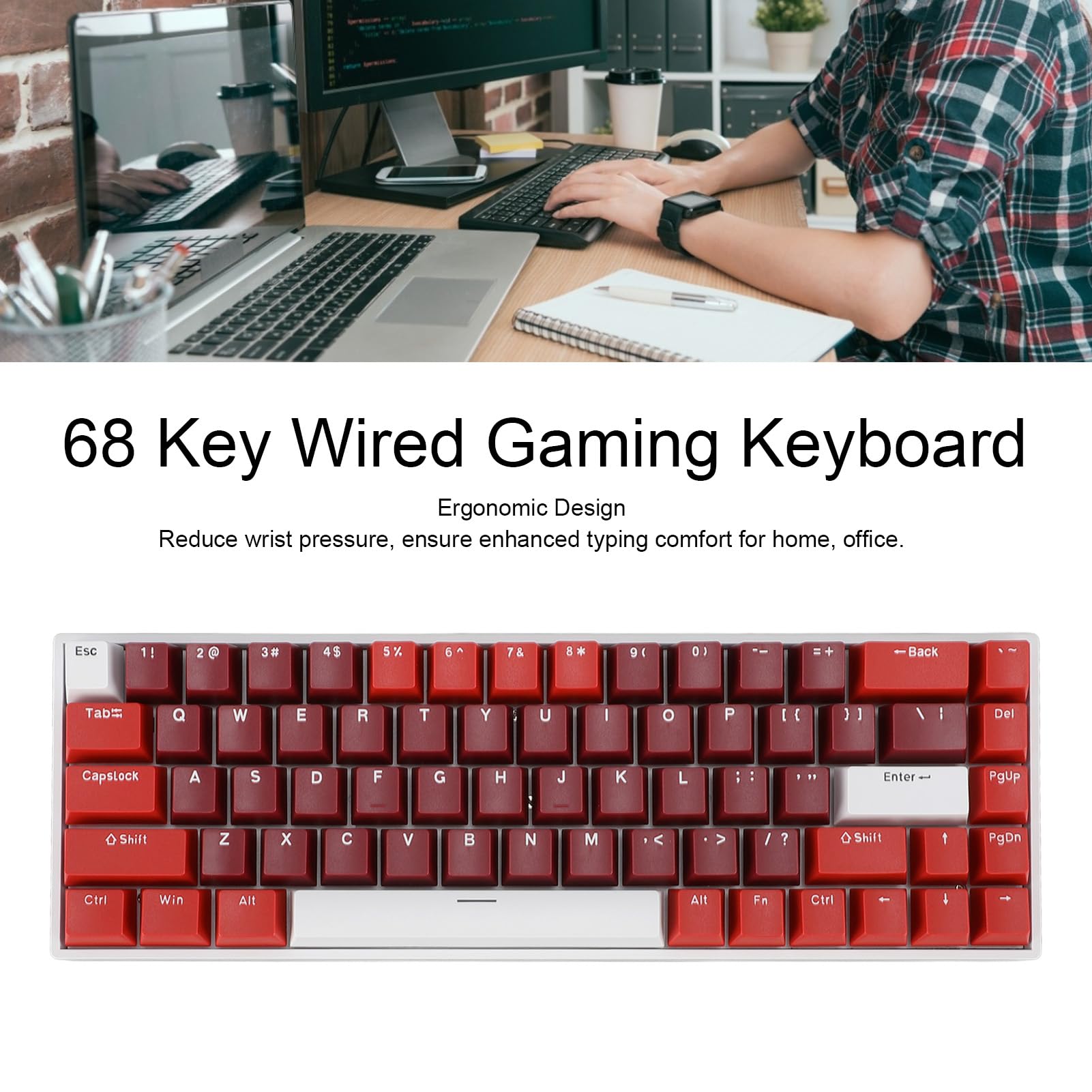 Bewinner Teclado Mecánico con Cable de 68 Teclas, Teclado Mecánico para Juegos Retroiluminado RGB con Interruptor Rojo, Ergonómico para Computadora con Puerto USB, Cable Tipo C, Múltiples