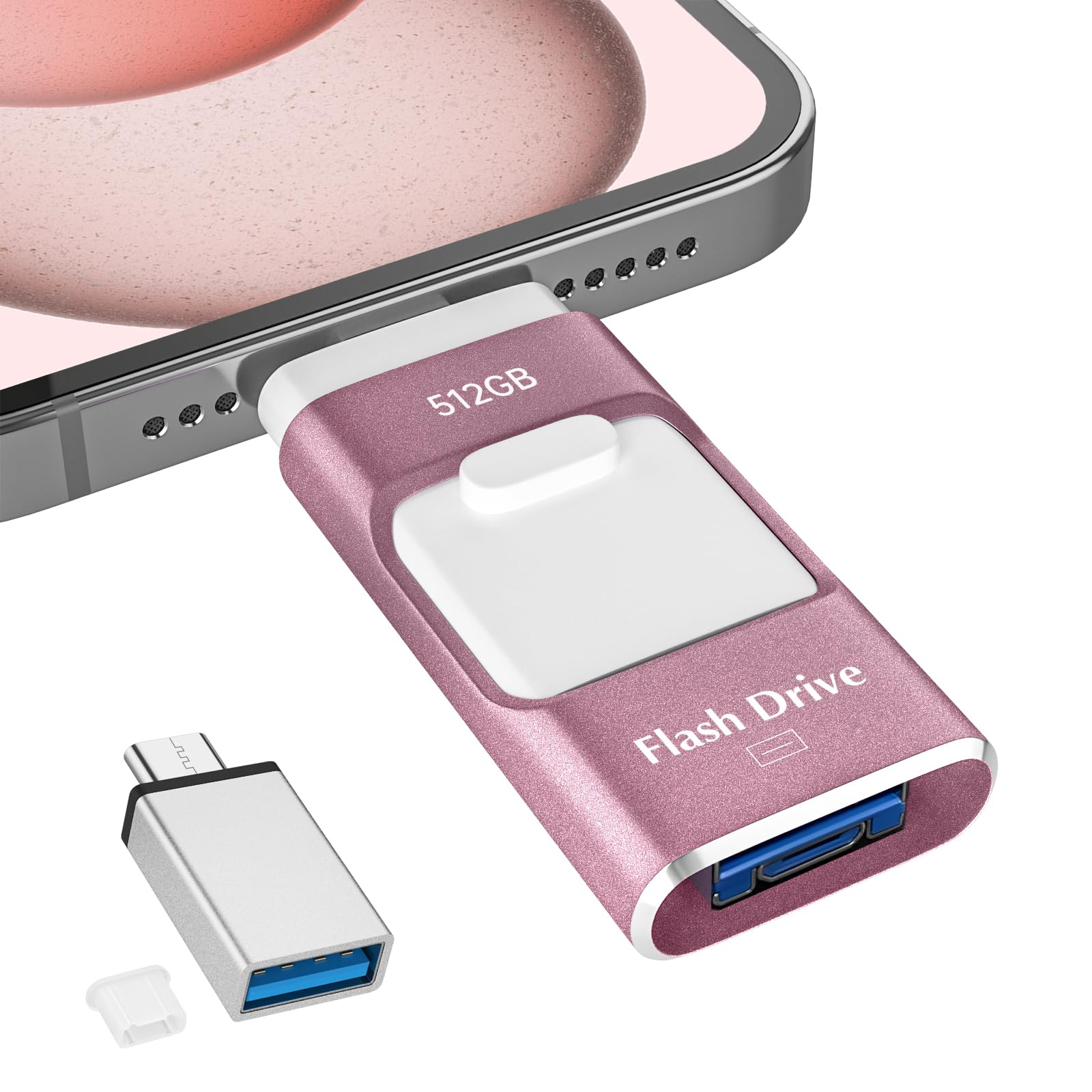 512GB USBメモリ【アプリ不要・アルバムから写真保存】４in1 Phone USBメモリー スマホ データ保存 外付けメモリ iOS/Type-C/USB/Micro USB搭載 大容量 フラッシュメモリ 高速 データバックアップ 外付けストレージ スライド式 携帯容量不足解消 Pad/PC/Macbook/Phone対応 ピンク