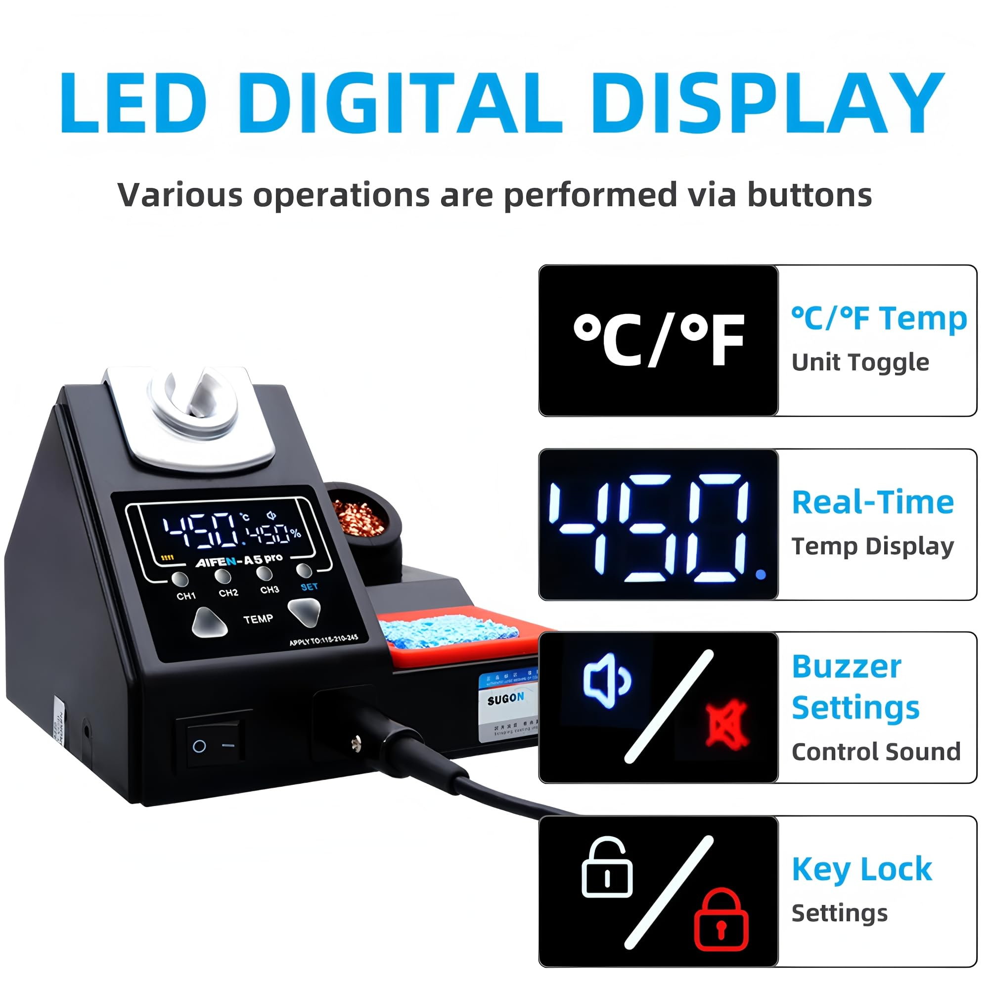 Estación de soldadura AIFEN A5 Pro Compatible con punta original de soldador 210/245/115 Pantalla digital LCD Estación de retrabajo de soldadura (A5pro 3Manguitos+9PCS)